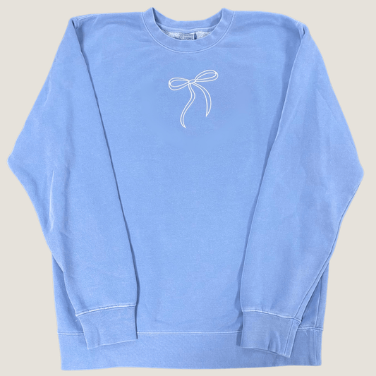 Blue Crewneck Sweatshirt – White Bow Embroidery | Cute & Cozy Fit - Garrison & Co.